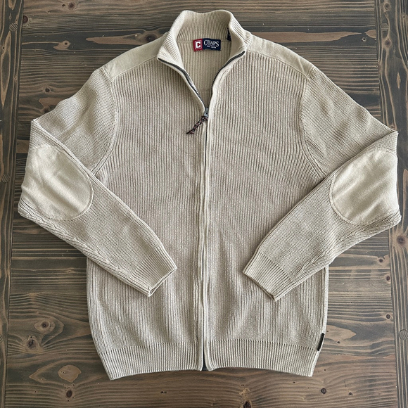 Chaps Mens Beige Cotton Knit Cardigan Sweater Zip up Size L Elbow Patches - Picture 1 of 9